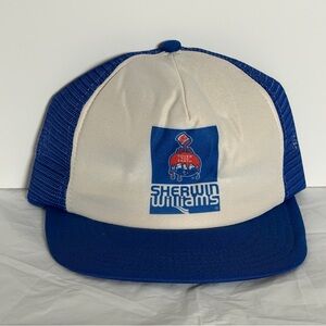 Vintage Sherwin Williams Paint Snapback Trucker Hat Mesh Cap Royal Blue USA Made